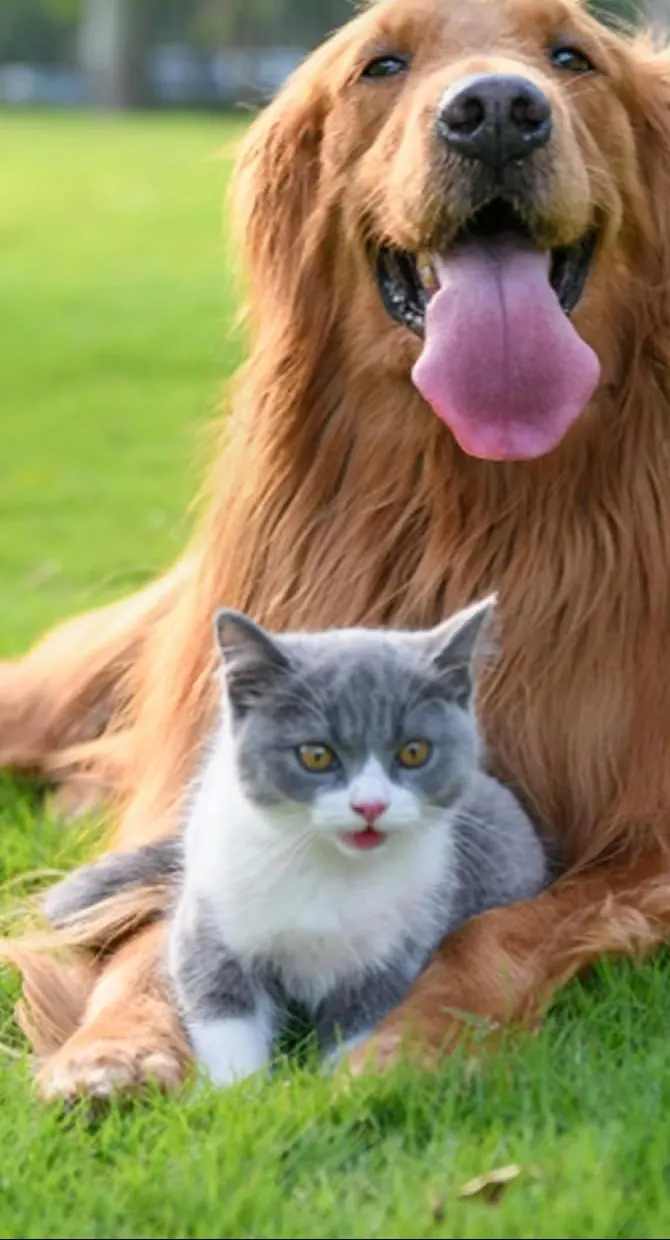 Golden retriever and a cat on the grass