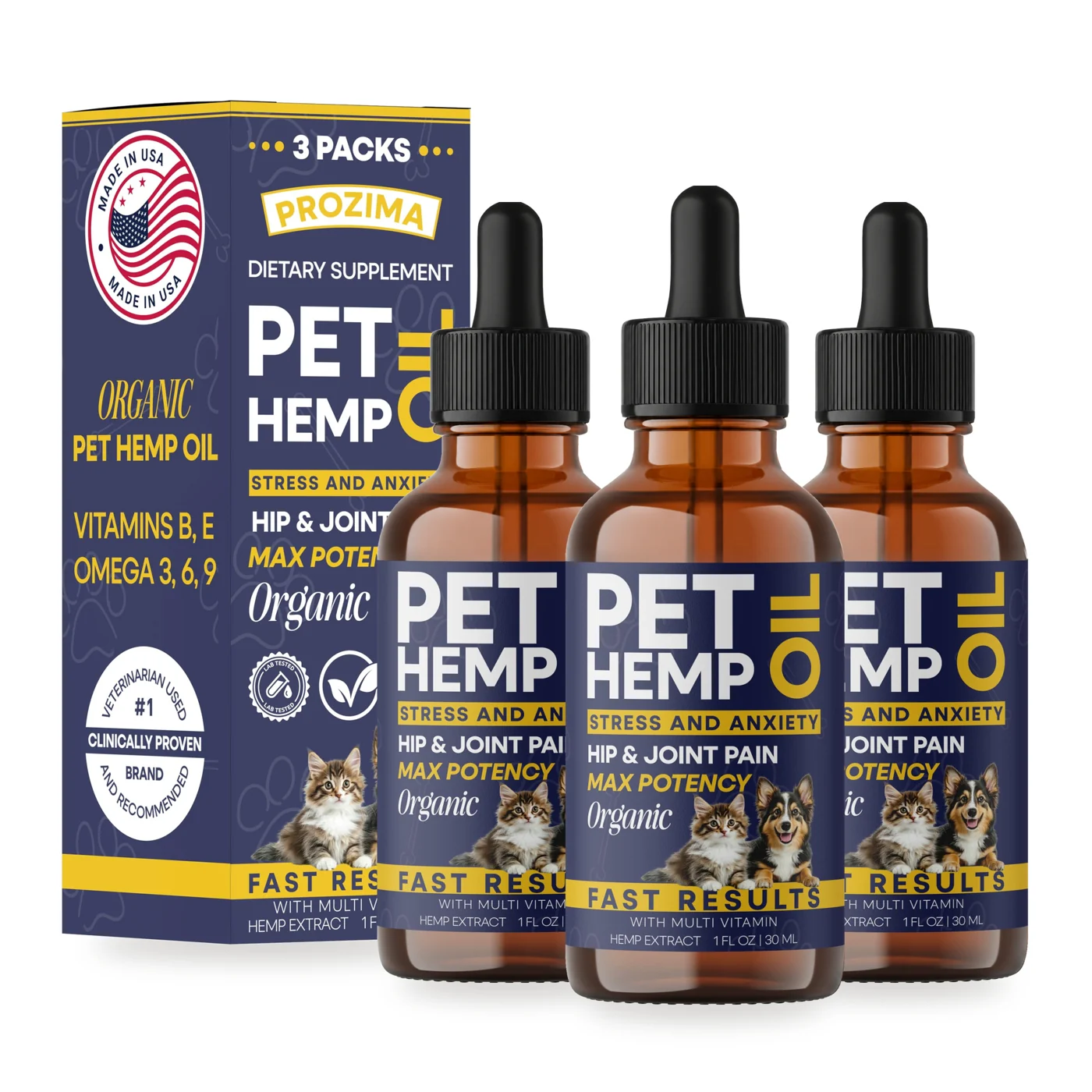 PROZIMA Hemp Oil for Dogs & Cats: the 3-Pack box with three 1 fl oz dropper bottles