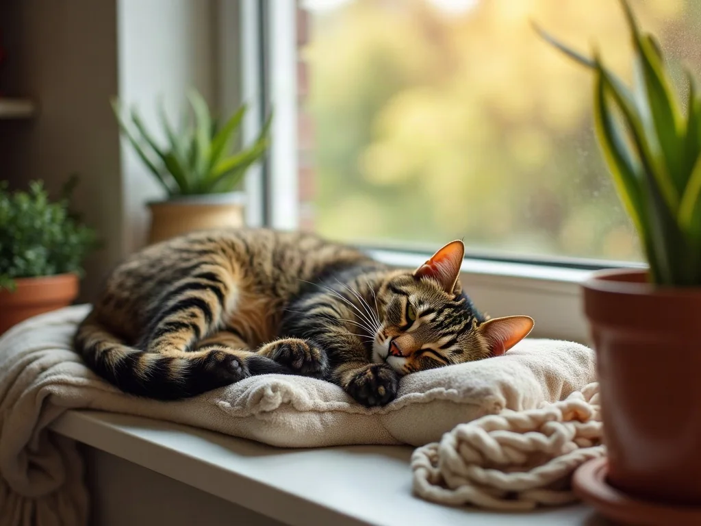 A relaxed tabby cat on a sunny windowsill