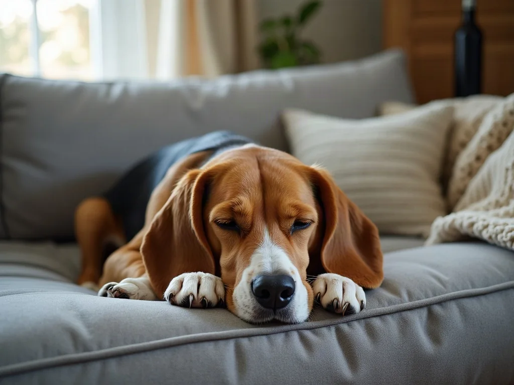 A relaxed beagle resting on a sofa