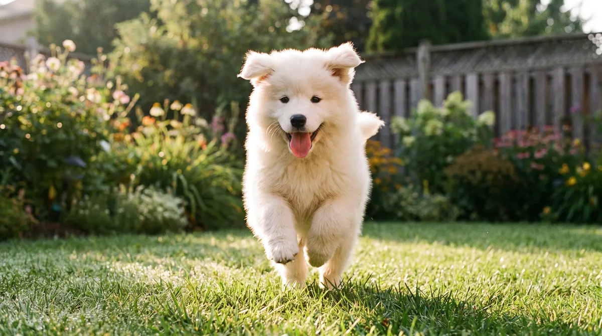 Puppy bouncing on the grass