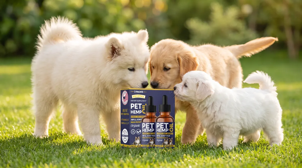 Puppies around a box of PROZIMA