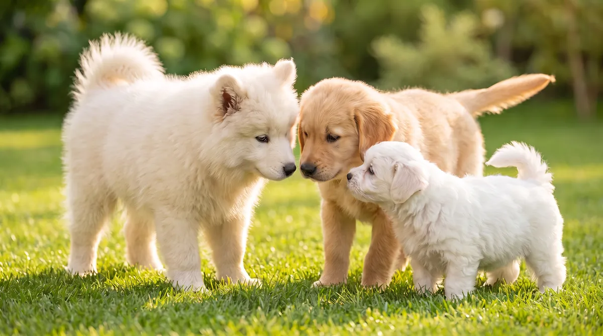 Three puppies on the grass