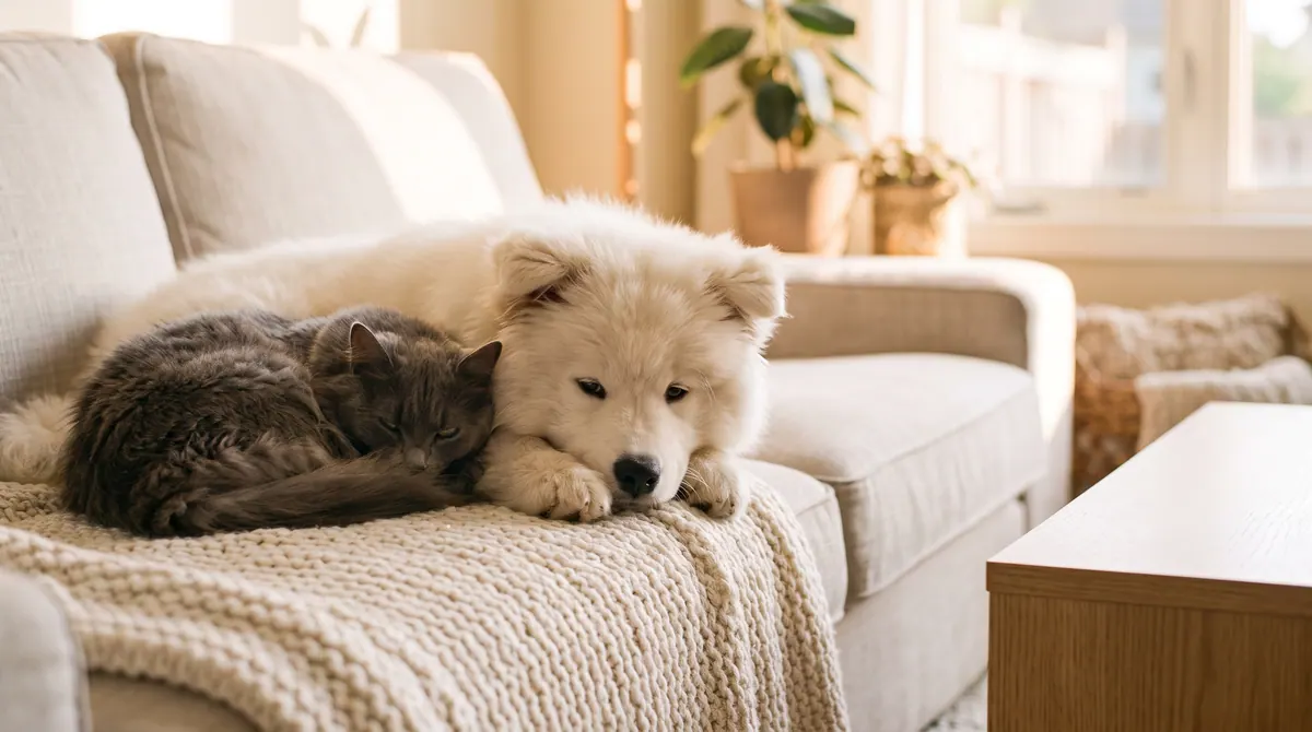 A dog and a cat resting together
